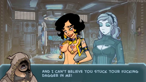 Cartoon babe with huge boobs and piercings in anime-inspired porn game